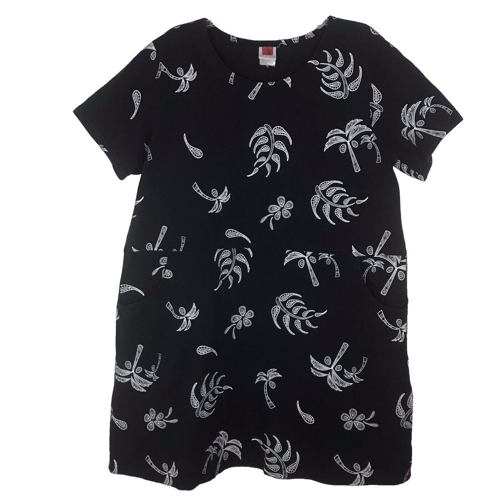 Vtg Red Ginger Cotton Stuff Dress Black White Palm Tree Short Sleeve Pockets XL